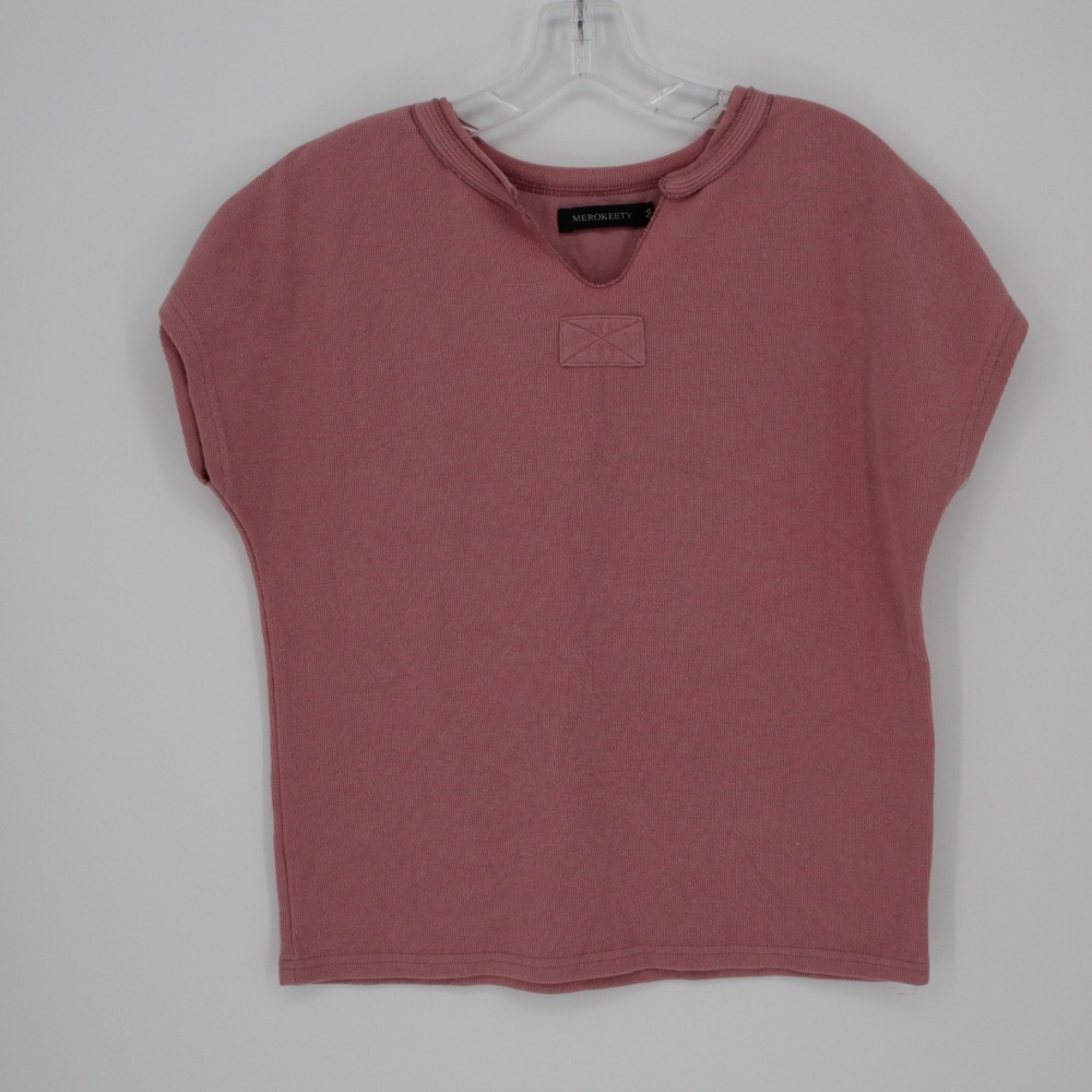 MEROKEETY Women's Dusty Pink Ribbed Knit Split Neck Cap Sleeve Top Size Medium